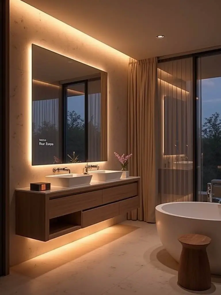 Modern bathroom featuring smart mood lighting integrated into the ceiling and mirror, with a visible smart speaker on the counter.