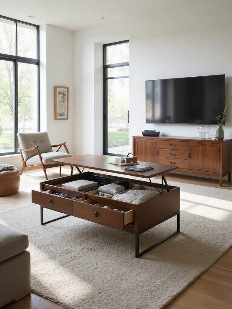 Organized living room with smart storage furniture: lift-top coffee table, media console, storage ottoman.