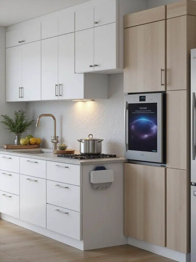 Smart technology integration in kitchen interior design showing seamless incorporation of modern devices and systems