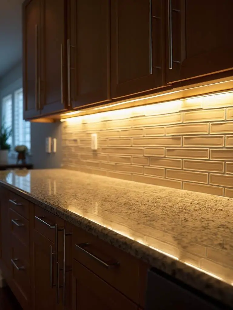 Modern kitchen countertop illuminated by warm under-cabinet LED lighting, highlighting the backsplash and work surface.