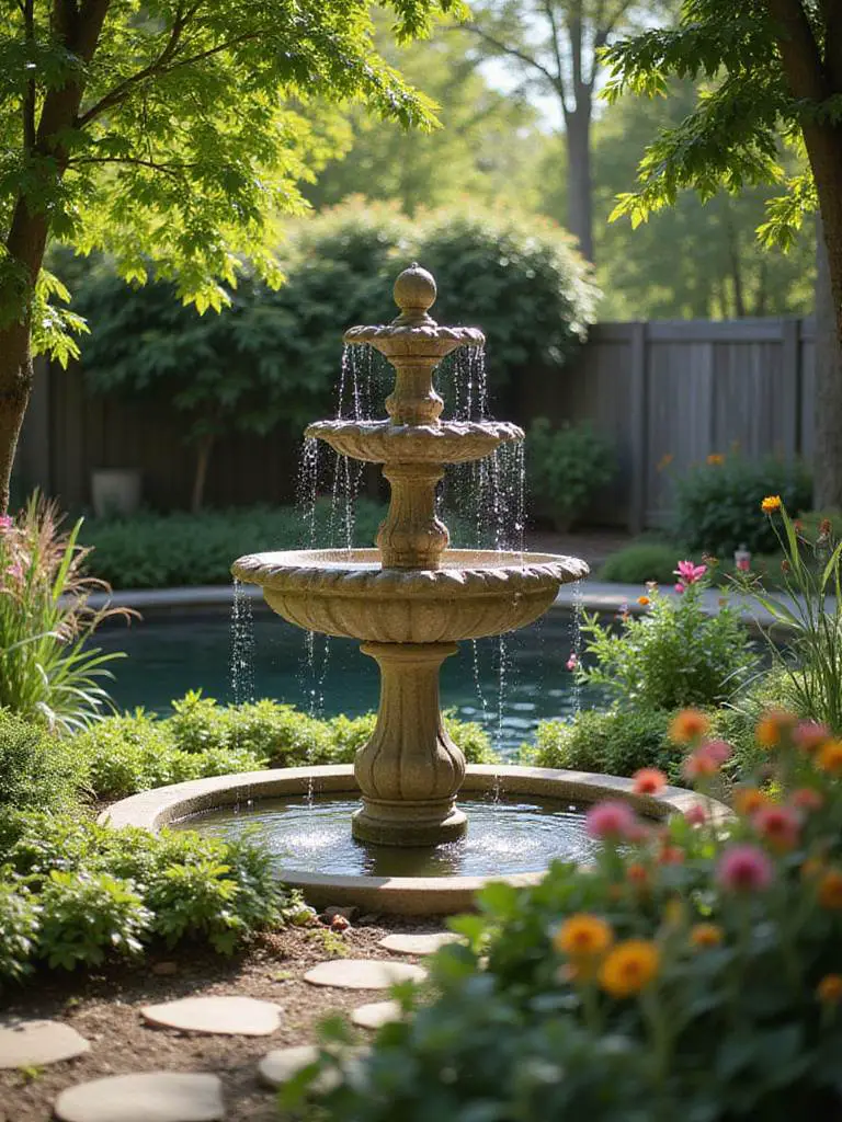 A calming water fountain in a backyard surrounded by greenery and flowers.