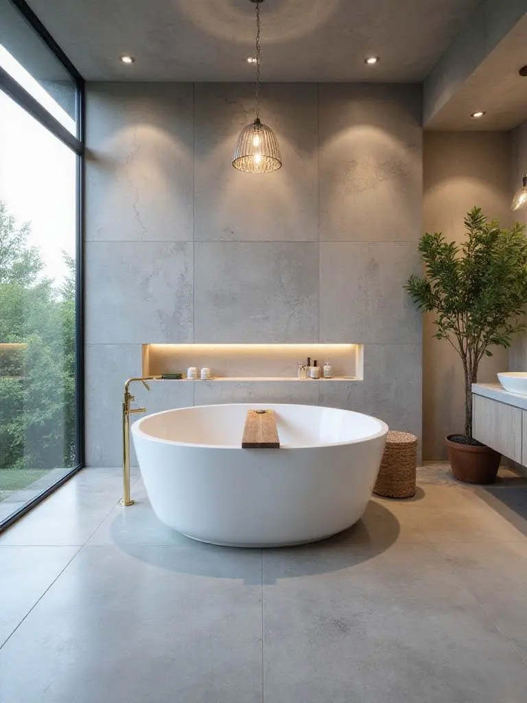 A luxurious modern bathroom featuring a large white freestanding soaking tub centered on a polished concrete floor, with a marble feature wall and a large window overlooking greenery, creating a spa-like oasis.