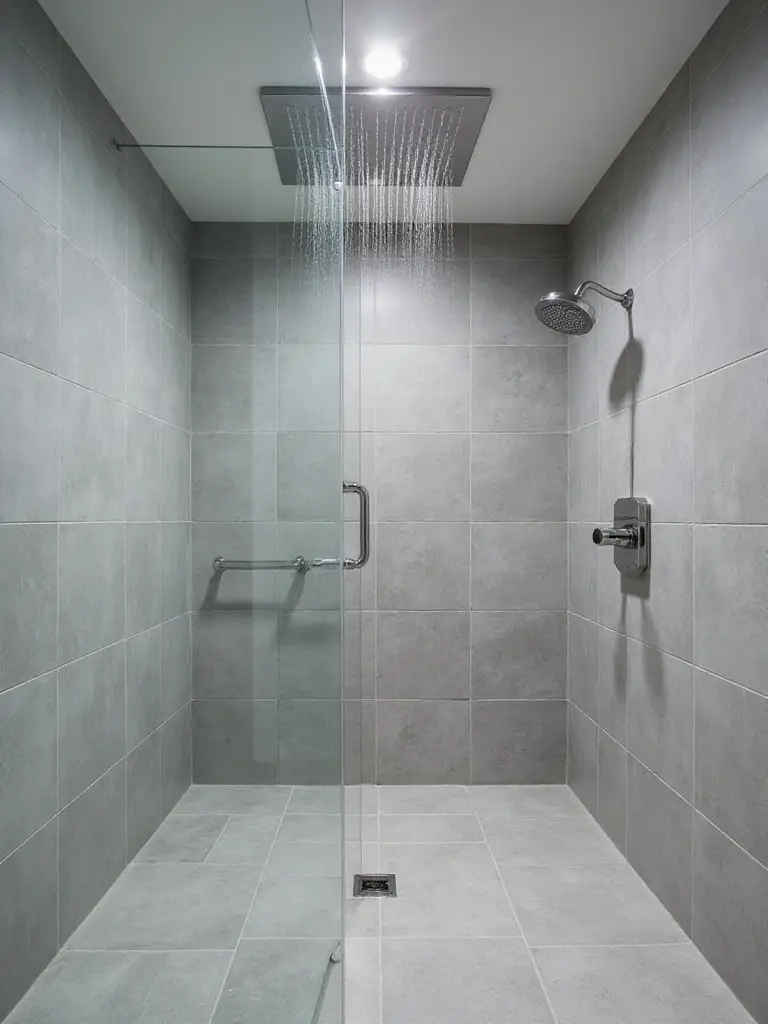 Modern bathroom with a large square rain shower head and grey tile