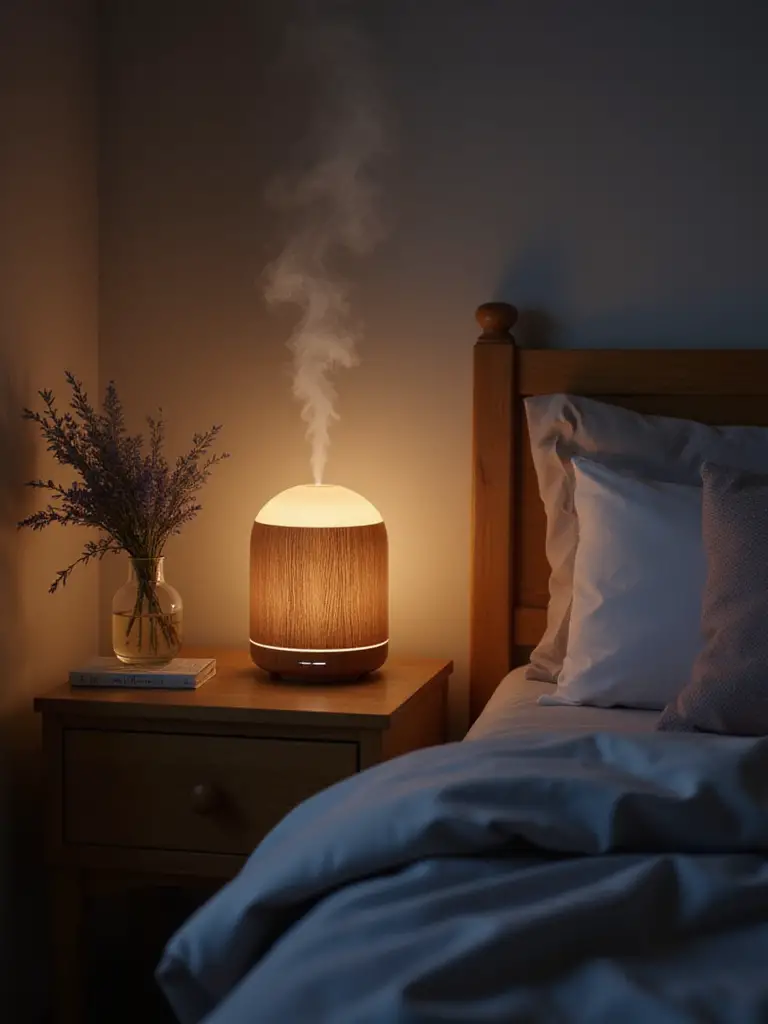 Cozy bedroom corner with a nightstand, essential oil diffuser, and lavender, creating a relaxing atmosphere with calming scents.