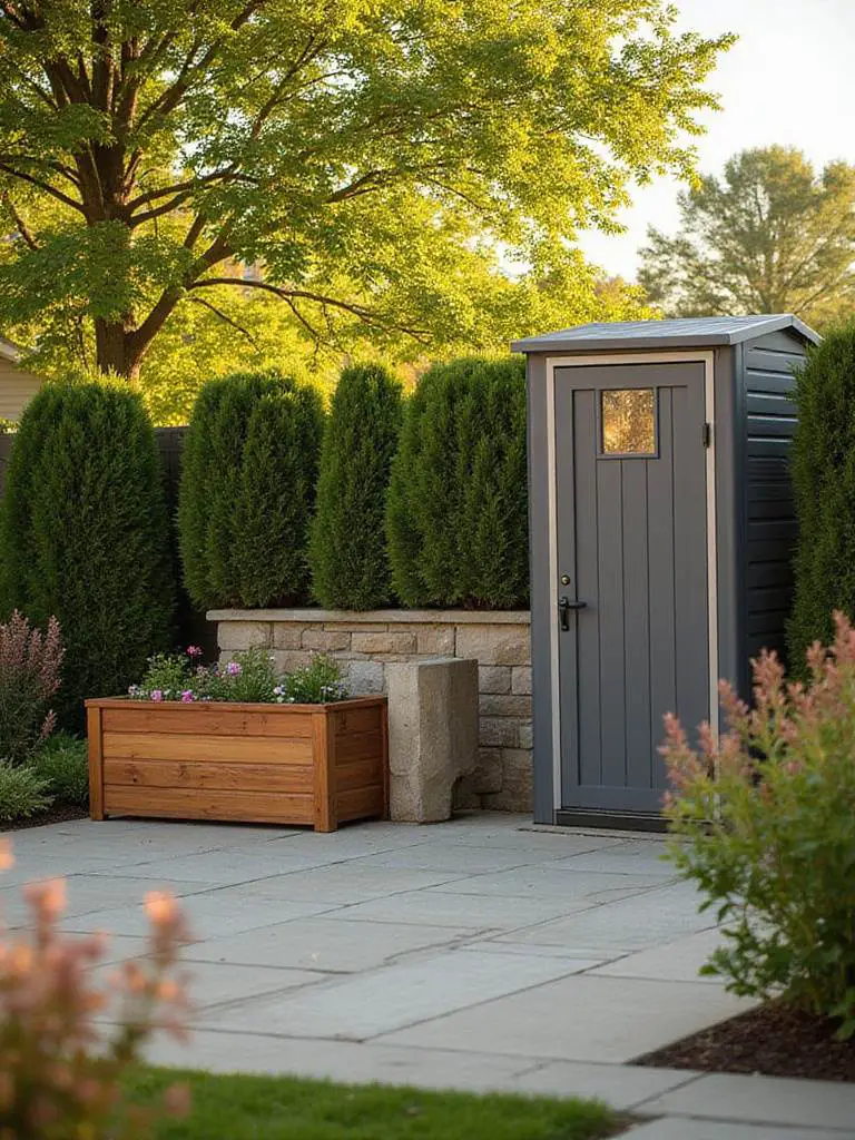 Organized outdoor storage solutions in a tidy backyard setting.