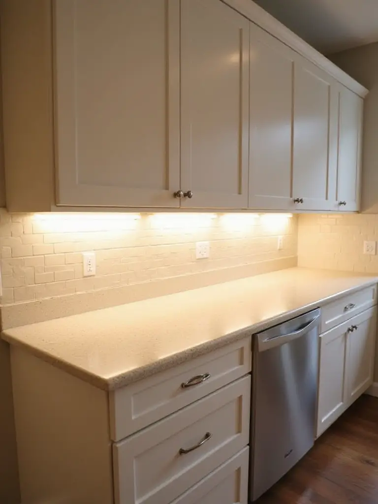 Under-cabinet LED strip lighting illuminates a small kitchen countertop and subway tile backsplash, enhancing task visibility and making the space feel larger and more inviting.