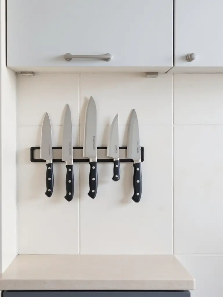 Sleek magnetic strip installed on a light tile backsplash in a small kitchen, holding a collection of various kitchen knives.