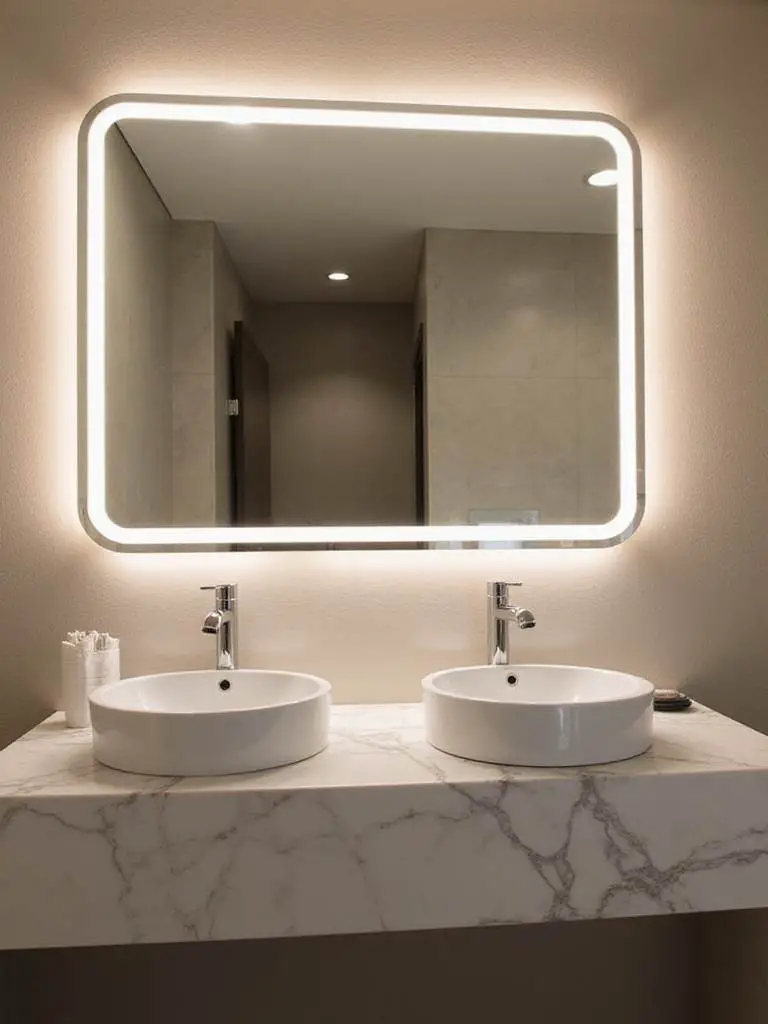 A modern bathroom vanity featuring a large smart mirror with integrated LED lighting and a clear, defogged surface above a marble countertop and double sinks.