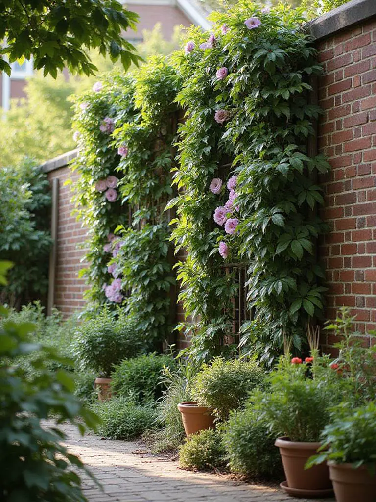 A vibrant vertical garden with climbing plants on a brick wall in a backyard setting.