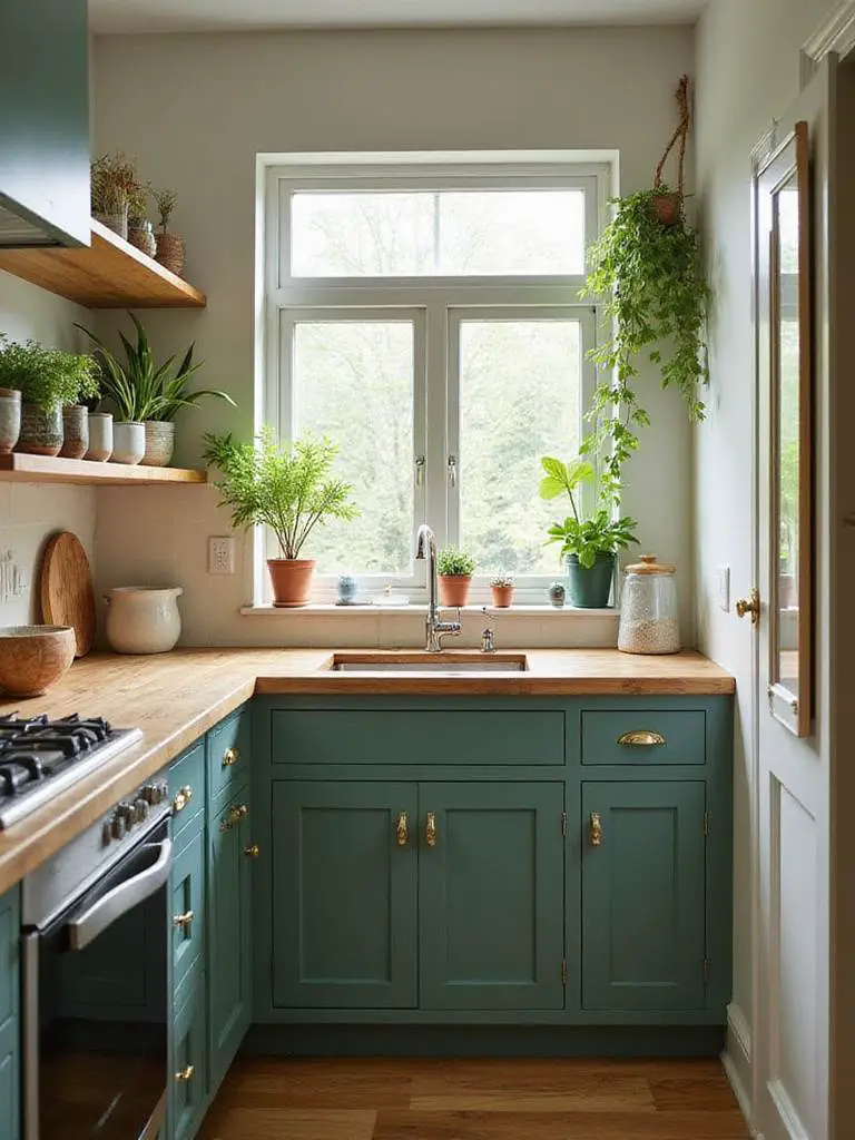 A stylish kitchen with green cabinets, natural wood elements, and plants for a biophilic design.