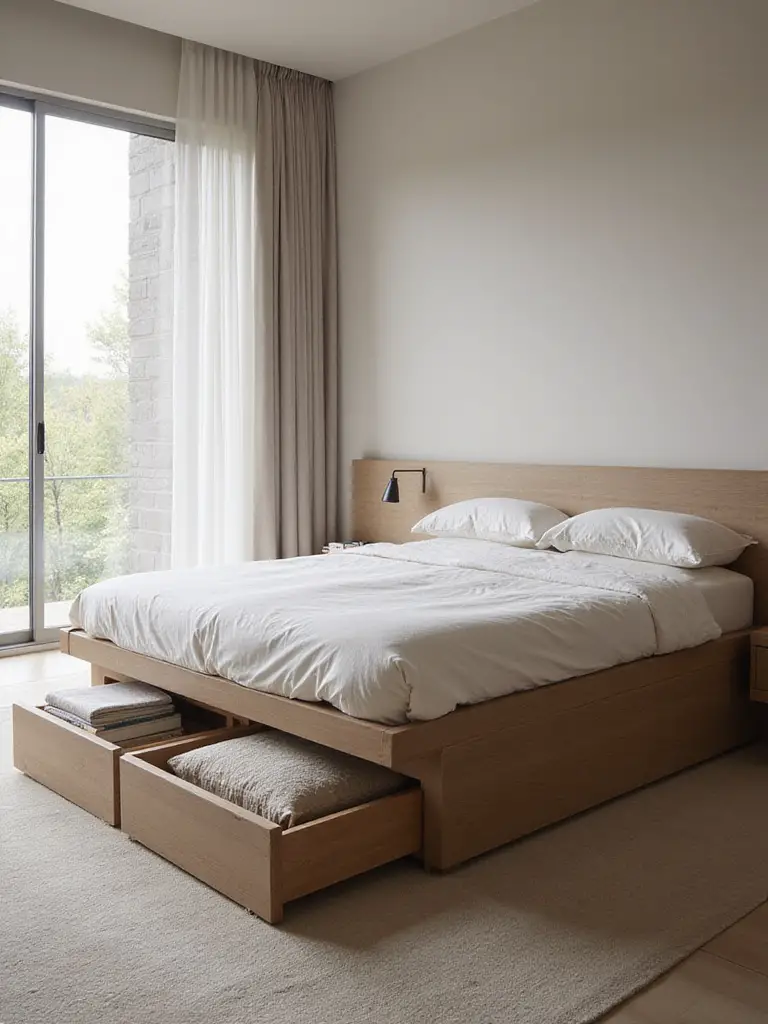 Minimalist bedroom with platform bed and hidden storage drawers.