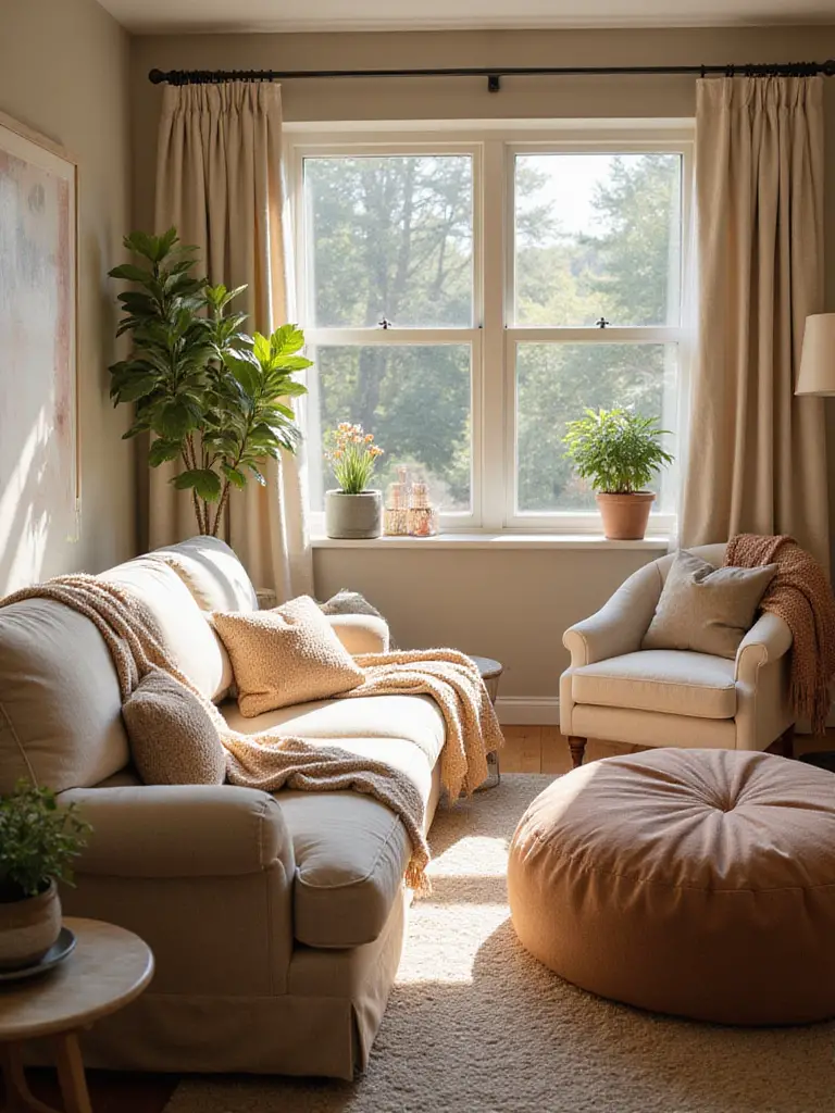 A cozy living room interior featuring a plush sofa, comfortable armchair, and ottoman, highlighting the importance of prioritizing comfort in seating choices.