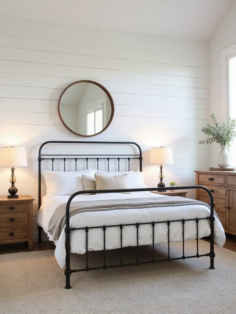 Cozy farmhouse bedroom featuring a black metal bed frame, black metal lamps, and a black metal mirror frame, creating a warm and inviting retreat.