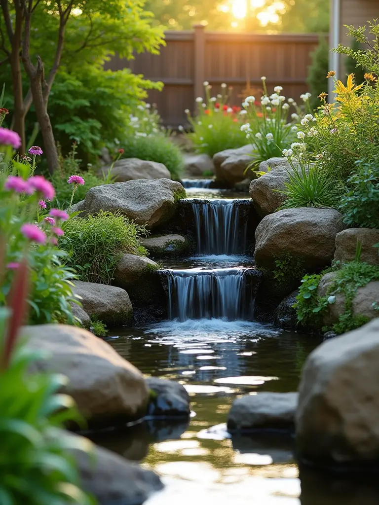Naturalistic backyard rock waterfall flowing into a pond, surrounded by lush greenery and flowers under soft afternoon light.