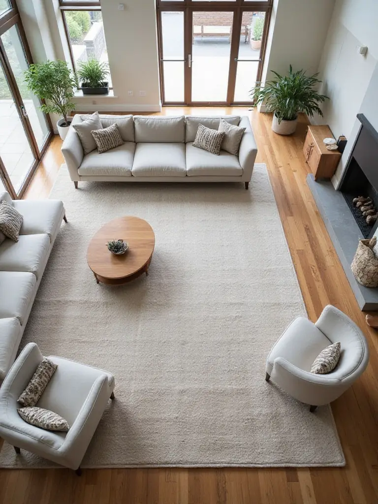 A large area rug defines the seating zone in a modern open-plan living room with a sofa, armchairs, and coffee table.