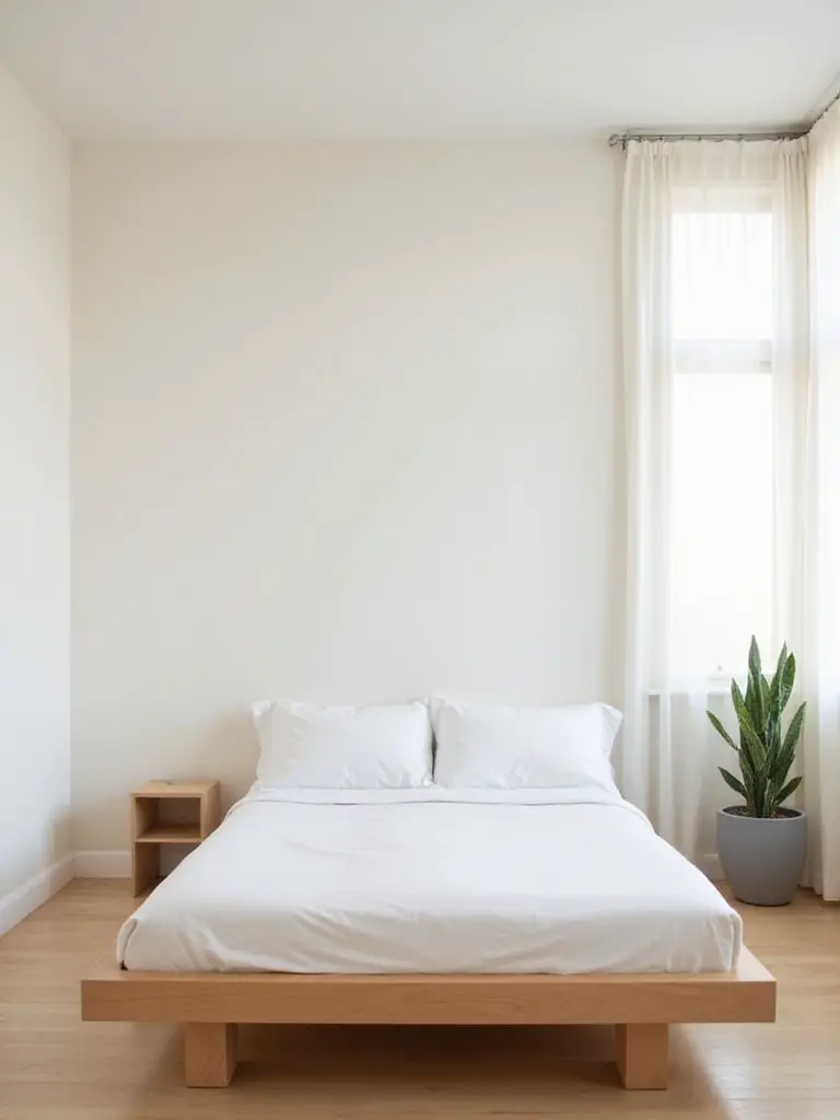 Minimalist bedroom with a single snake plant in a ceramic pot.