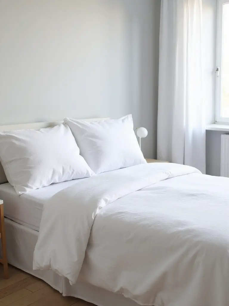 Minimalist bedroom featuring crisp white linen bedding with a subtle waffle weave texture.