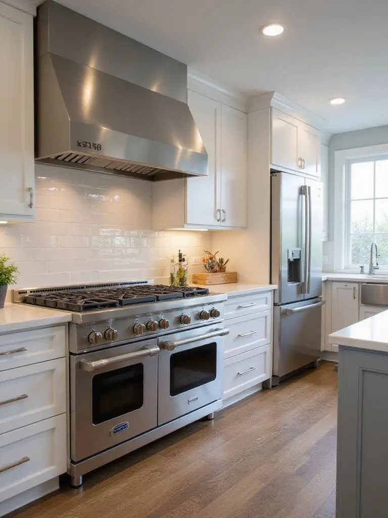 Quality kitchen appliances including professional range and built-in refrigerator integrated into kitchen interior design