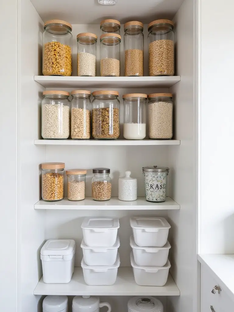 Stylish and cohesive storage containers neatly organized on shelves in a small kitchen pantry, featuring matching glass jars and stackable bins to maximize space and reduce visual clutter.