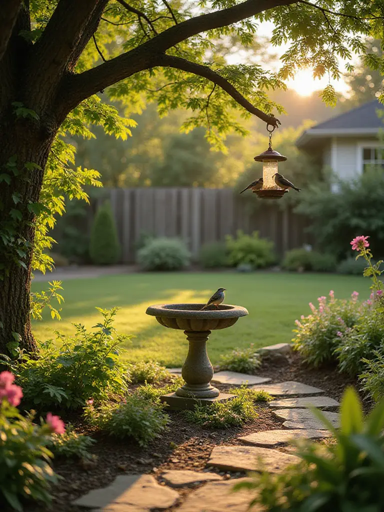 Stone bird bath and hanging bird feeder in a vibrant green backyard garden during golden hour, attracting birds.
