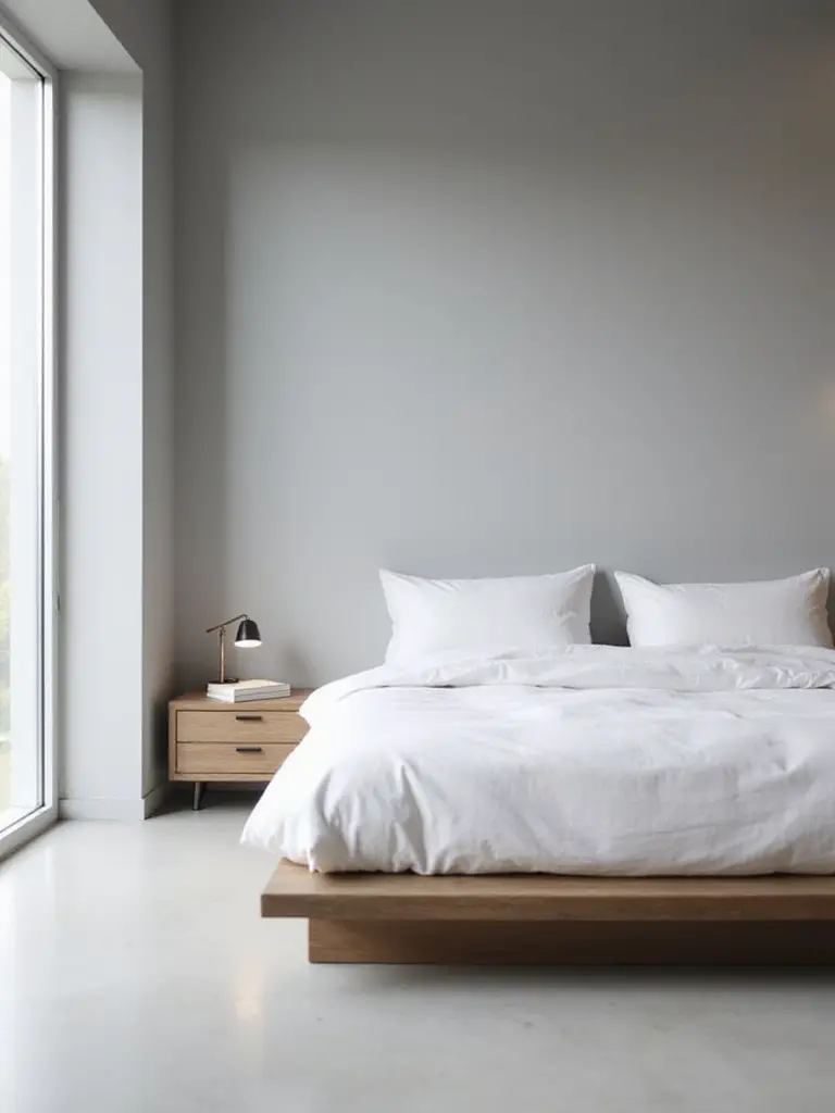Minimalist bedroom with a clear nightstand and platform bed