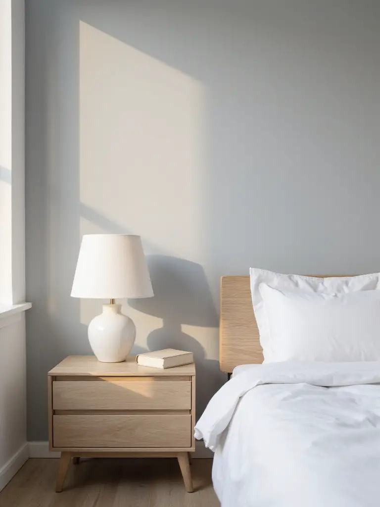 Minimalist bedroom with clean wooden bedside table and simple white lamp