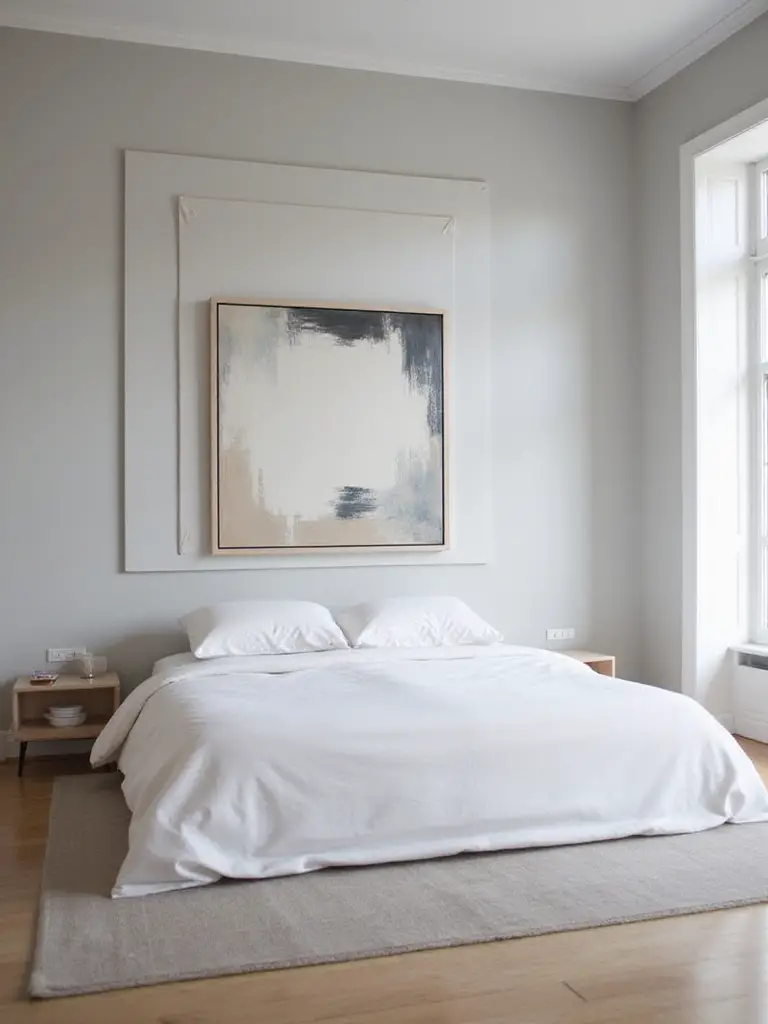 Minimalist bedroom with a single abstract painting on the wall.