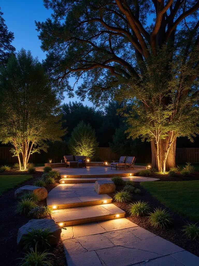 Elegant backyard with outdoor lighting illuminating a winding path and seating area at dusk.