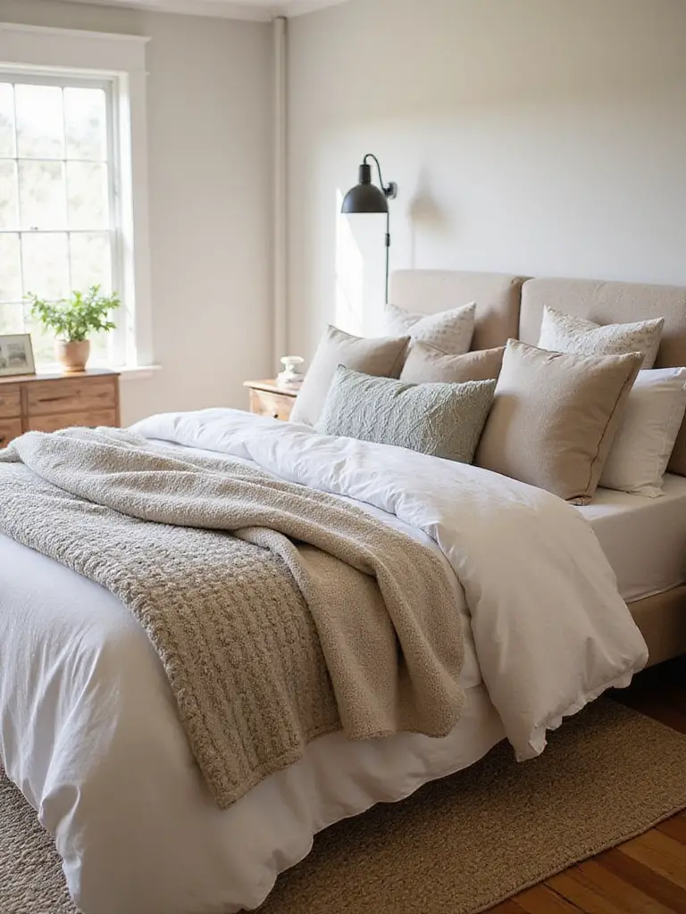 A cozy farmhouse bedroom featuring a bed heavily layered with comfortable textiles like a quilt, knit throws, and various decorative pillows over neutral bedding, creating a warm and inviting look.