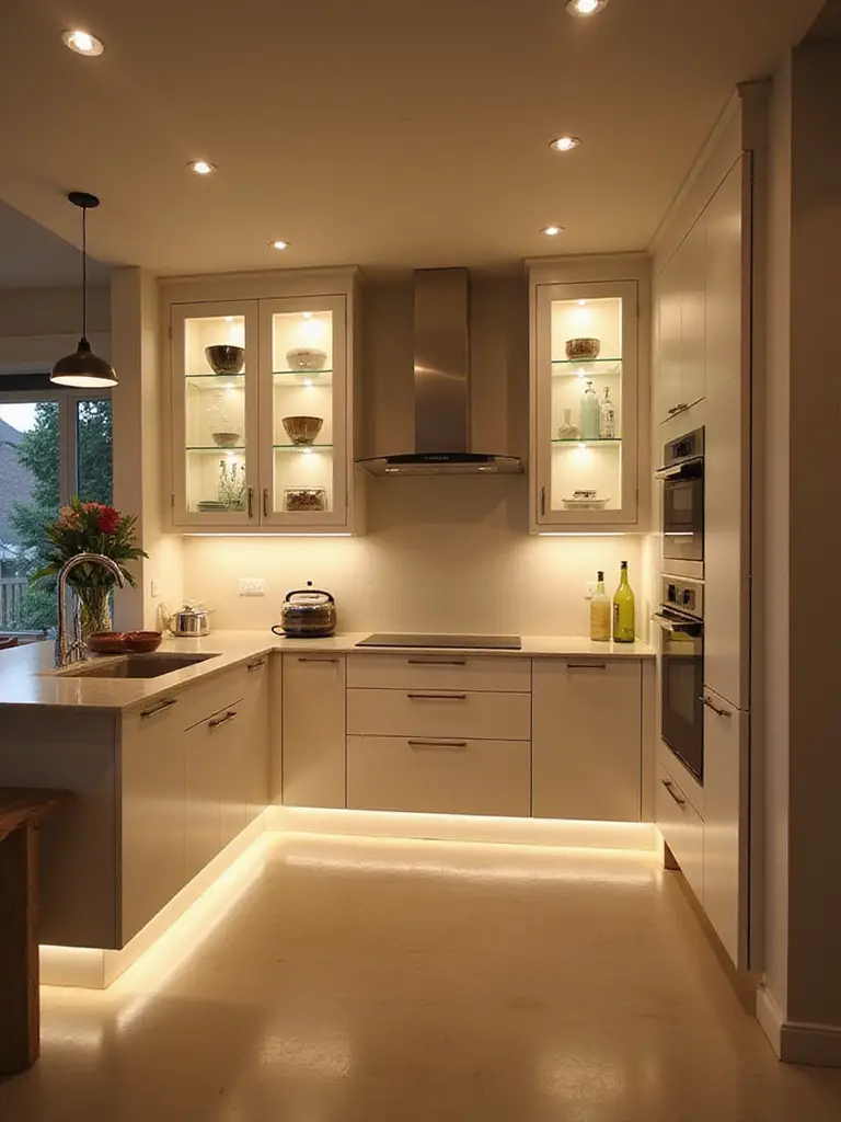 Small kitchen interior illuminated by layered lighting, featuring recessed ceiling lights, bright under-cabinet lighting, and accent lighting inside cabinets, creating depth and enhancing functionality.