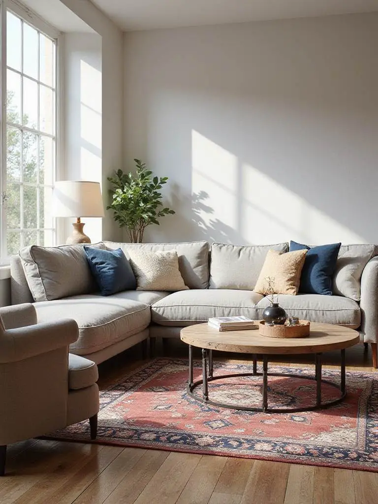 Stylish living room mixing modern sofa, vintage armchair, industrial coffee table, and Oriental rug.