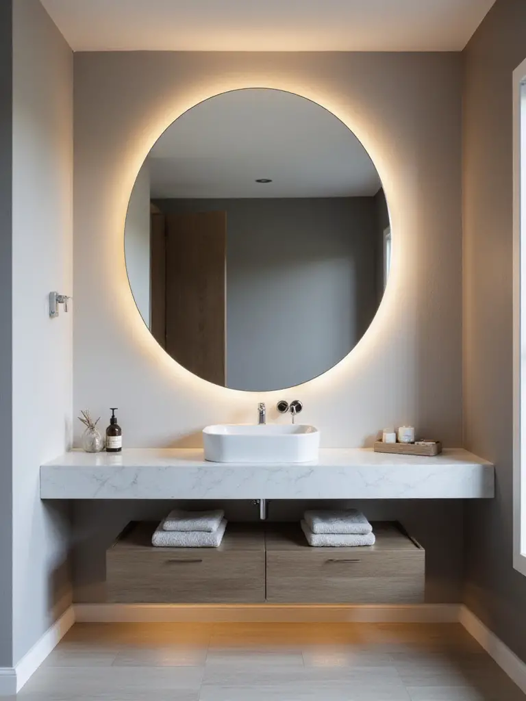 A modern bathroom featuring a large, circular mirror with integrated backlighting above a floating wooden vanity, serving as the focal point of the minimalist space.