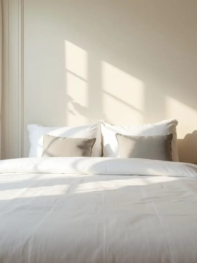 Minimalist bedroom with white linen bedding and two grey linen throw pillows.