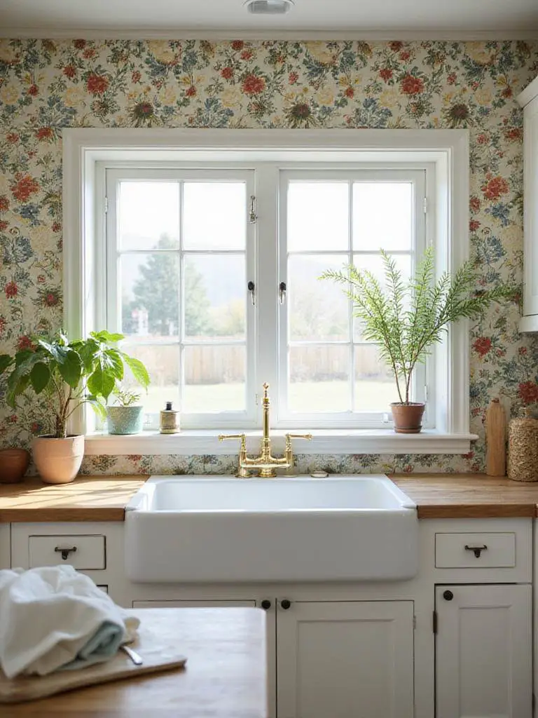 A clean and vibrant kitchen with beautiful wallpaper, showcasing effective cleaning techniques.