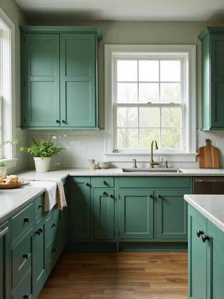 Elegant kitchen featuring freshly painted green cabinets with natural sunlight.