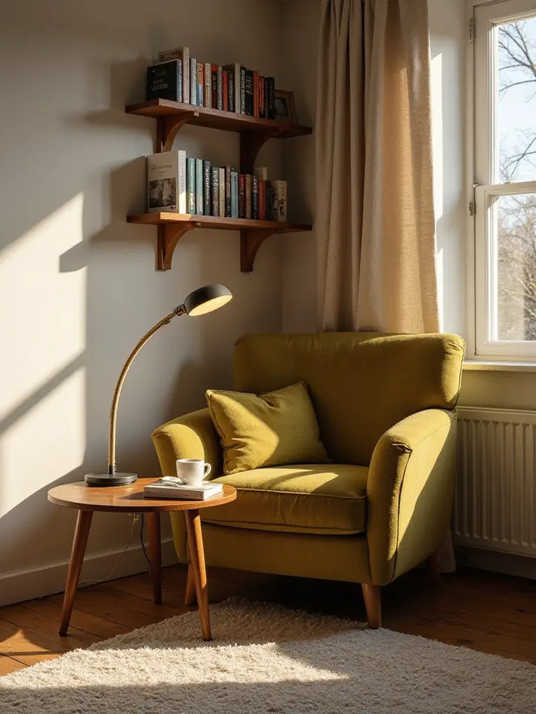 A cozy reading nook in a living room with a comfortable armchair, side table, lamp, and bookshelf, bathed in warm, natural light.