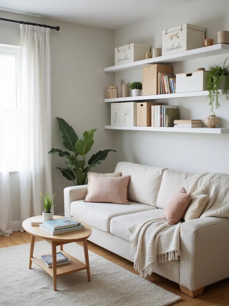A calm and organized apartment living room with neatly arranged furniture, tidy shelves, and soft lighting, creating a relaxing atmosphere.