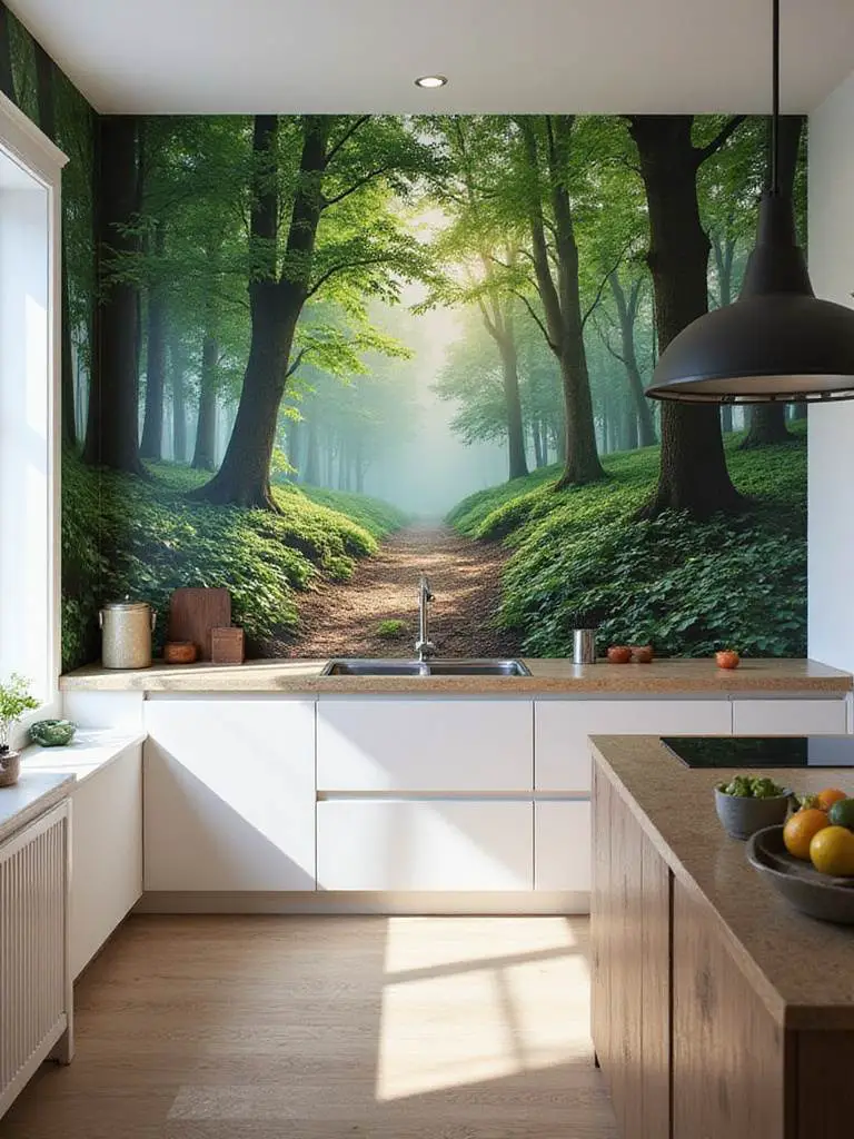 Kitchen mural of a serene forest landscape transforming the kitchen space