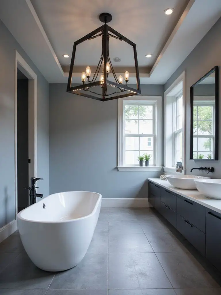 A modern bathroom featuring a striking geometric pendant light fixture hanging above a freestanding soaking tub, serving as a unique statement piece and focal point.