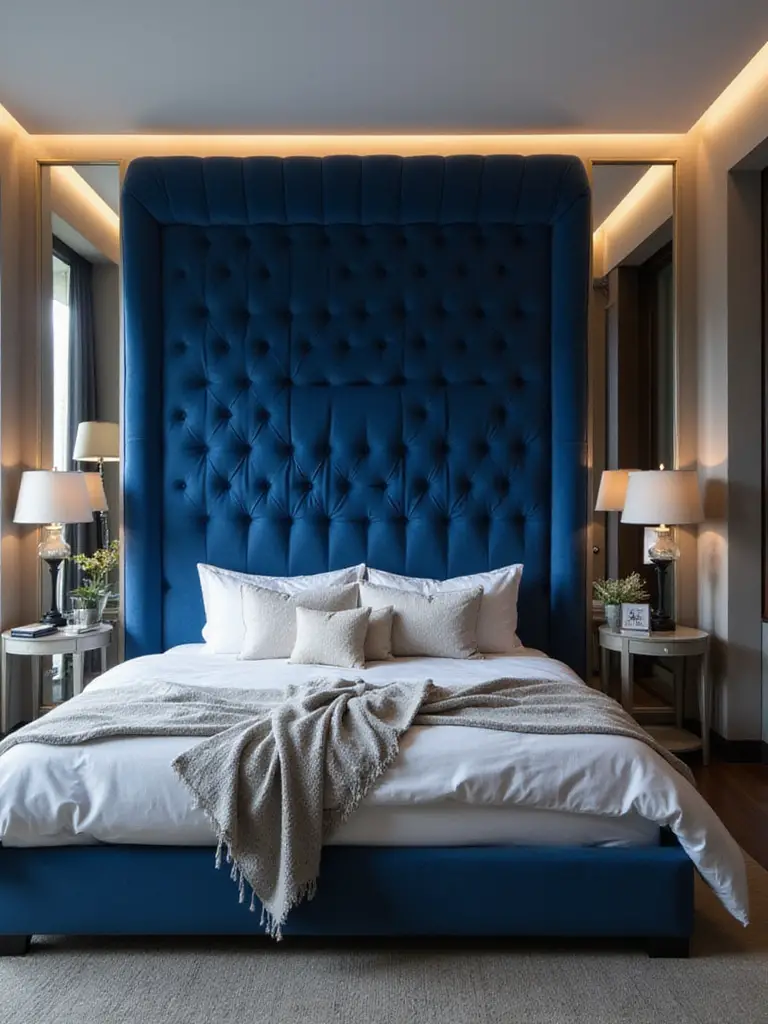A luxurious bedroom featuring a tall, sapphire blue channel-tufted velvet headboard as the focal point above a neatly made bed.
