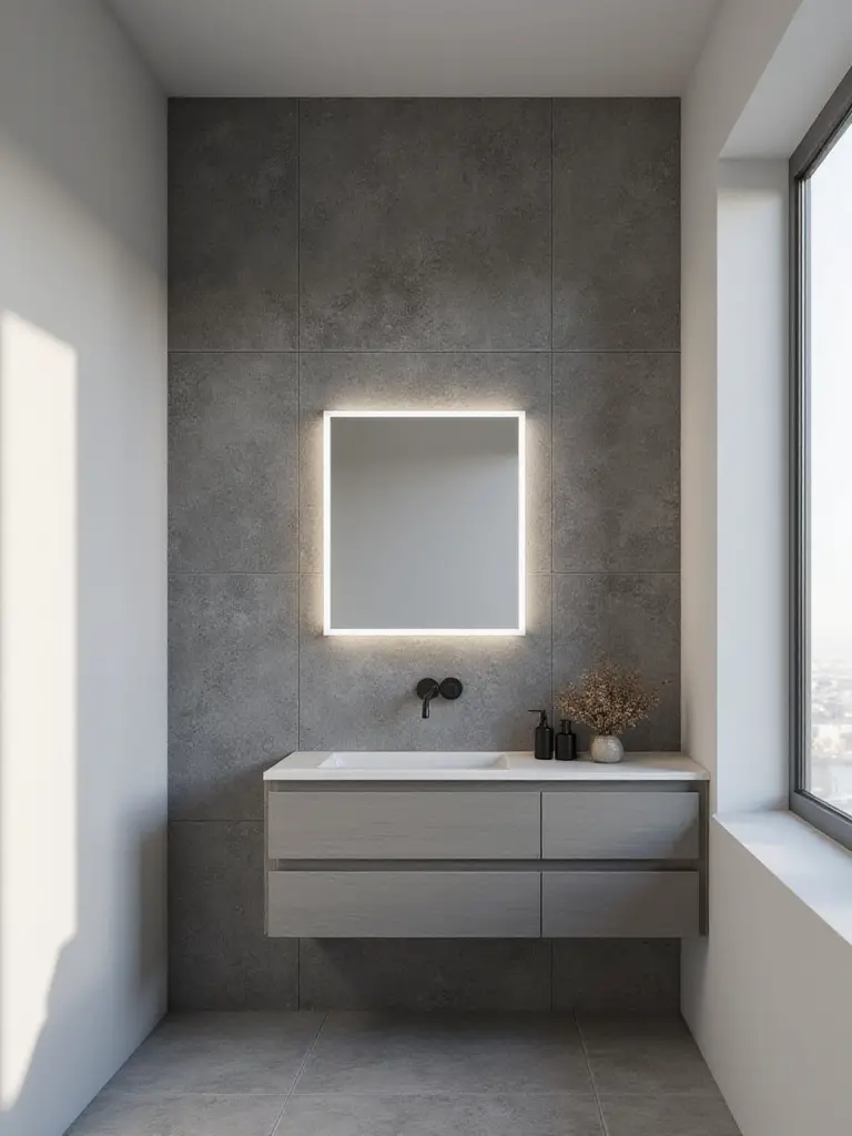 Modern bathroom featuring a dark charcoal concrete-look tile accent wall behind a wall-mounted vanity with a rectangular mirror.
