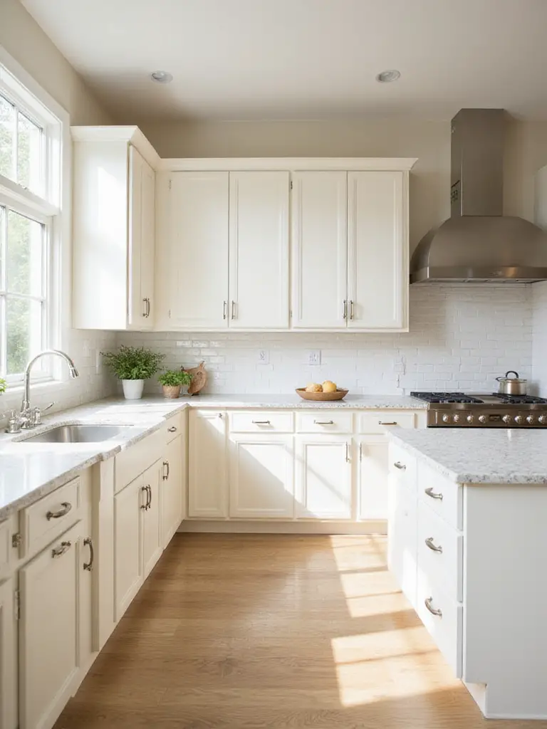 Small kitchen featuring light cream cabinets, light countertops, and a white subway tile backsplash, designed to maximize light and create a sense of spaciousness.