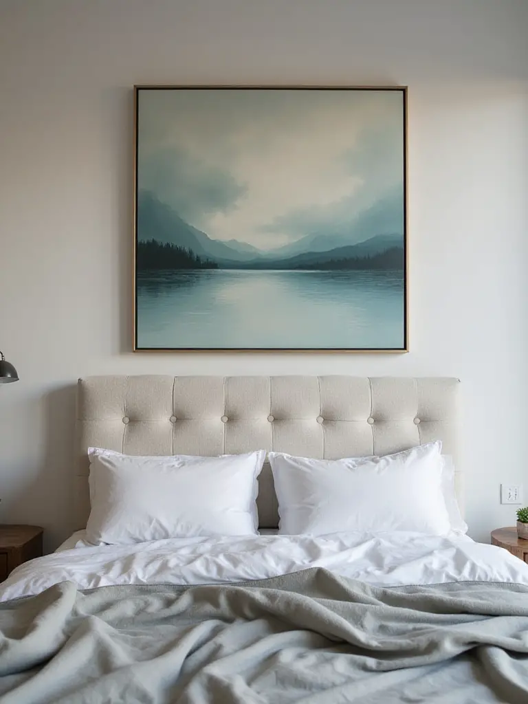 Large abstract landscape painting hanging above a bed with an upholstered headboard in a serene bedroom.