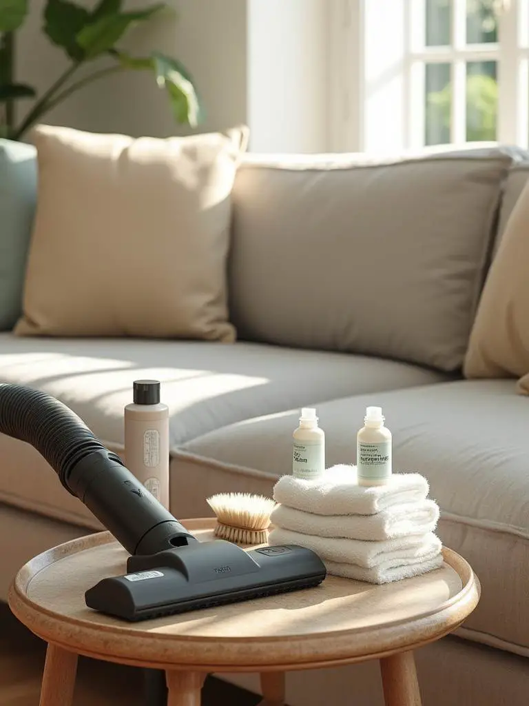 Cleaning supplies and tools laid out next to a fabric sofa, demonstrating upholstery care techniques.
