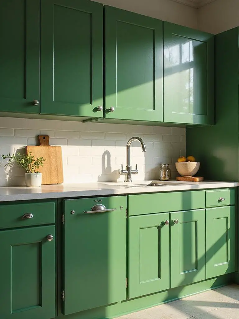 A pristine green kitchen cabinet with a glossy finish under soft lighting.