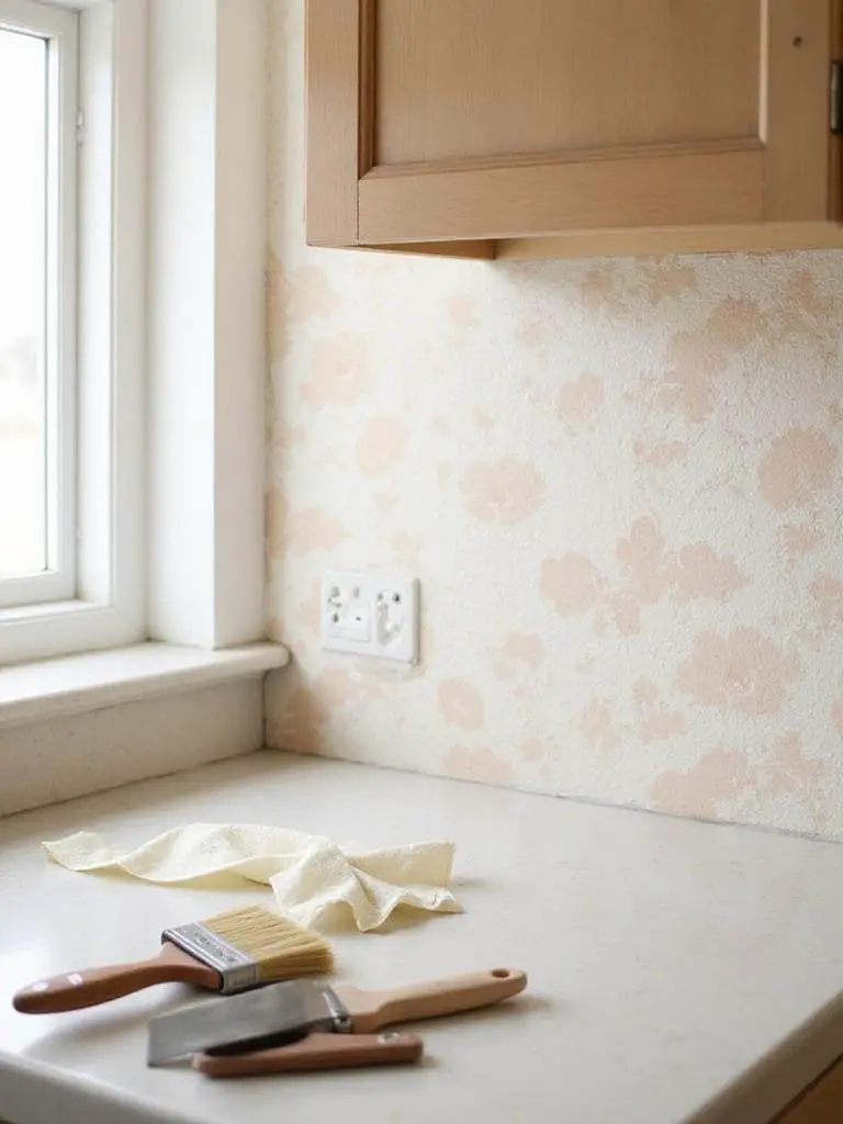 A kitchen scene showcasing the process of DIY wallpaper installation with tools and partially completed wallpaper.
