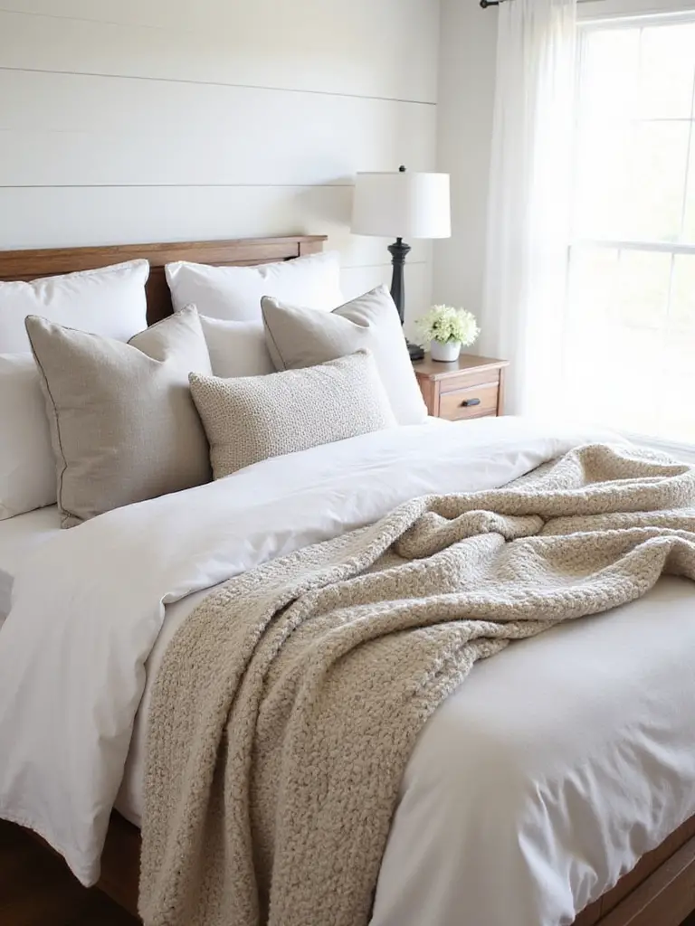 A farmhouse bedroom bed featuring multiple layers of cozy bedding including white sheets, a neutral duvet, a folded quilt, and various textured pillows and throws, illuminated by soft morning light.