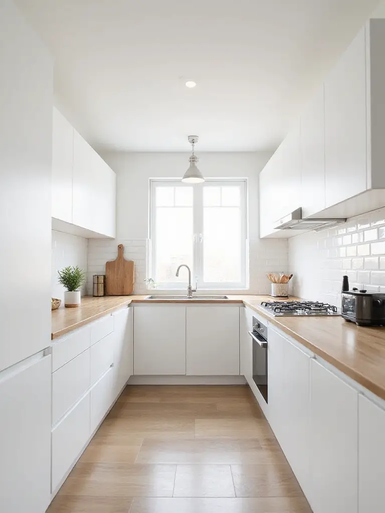 A clean, minimalist small kitchen featuring white handleless cabinets, light wood countertops, and a white subway tile backsplash. The space is uncluttered with only essential items visible, conveying a sense of calm and spaciousness.