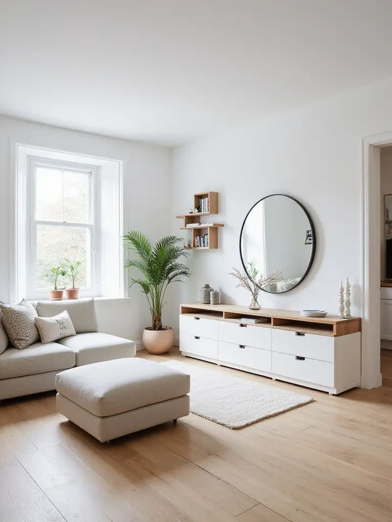 A bright, small apartment living room showcasing a clever layout with space-saving furniture, floating shelves, a storage ottoman, and a large mirror to maximize the feel of the space.