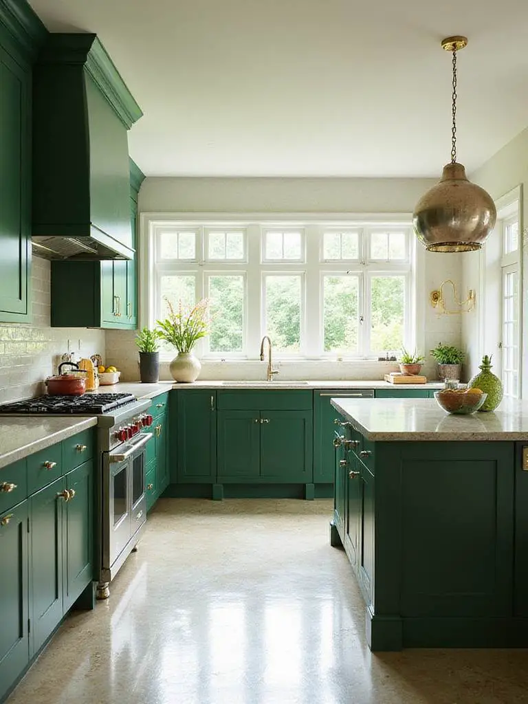 Bright kitchen with deep forest green cabinets illuminated by natural light from a large window.